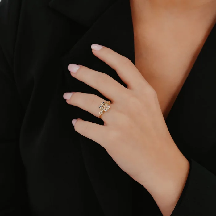 Mavi Taşlı Kare Altın Yüzük AAYZK0198