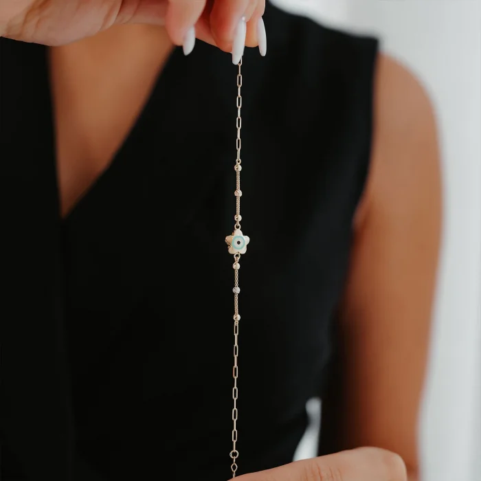 Mineli Çiçek Dorika Zincirli Altın Bileklik AABLK007