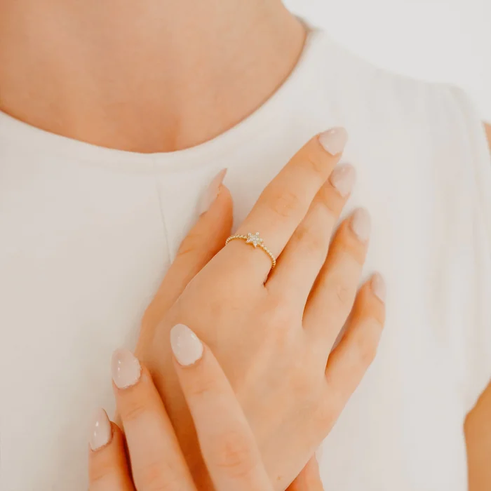 Taşlı Yıldız Detaylı Altın Yüzük AAYZK05