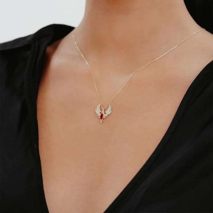 Pembe Taşlı Anka Kuş Altın Kolye AAKLY064