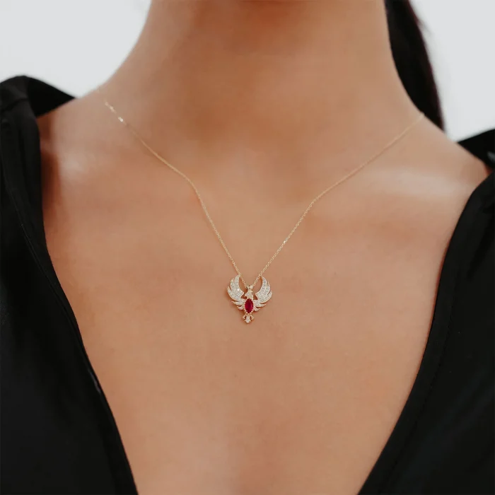 Pembe Taşlı Anka Kuş Altın Kolye AAKLY064