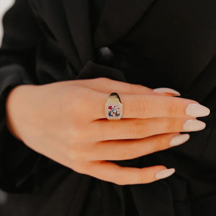 Renkli Mineli Kare Taş Şövalye Altın Yüzük AAYZK0137