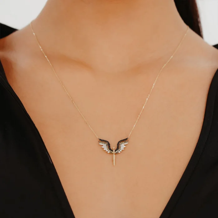 Siyah Taş Detay Anka Kuş Altın Kolye AAKLY098