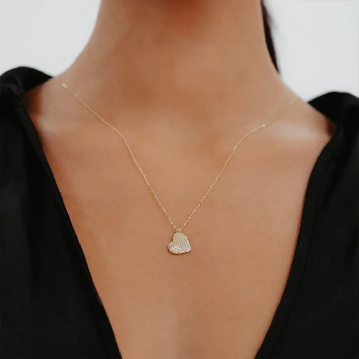 Taş Detay Kalp Altın Kolye AAKLY041