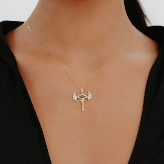 Taşlı Çift Taraflı Balta Altın Kolye AAKLY0109