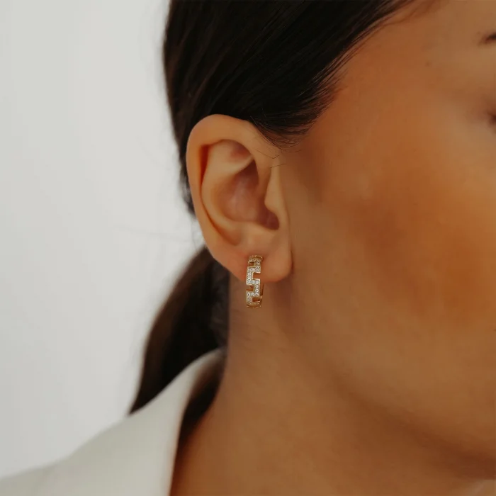 Taşlı Labirent Desen Altın Küpe AAKPE077