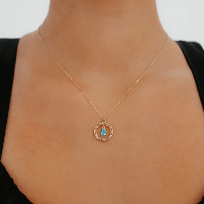 Turkuaz Taşlı Oval Çerçeve Altın Kolye AAKLY057