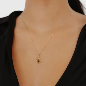 Kahve Mineli İç İçe Halka Detay Altın Kolye AAKLY017