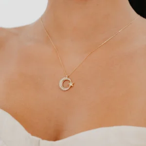 Mini Taş Detaylı Ay Yıldız Altın Kolye AAKLY077