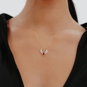 Pembe Taşlı Anka Kuş Altın Kolye AAKLY064