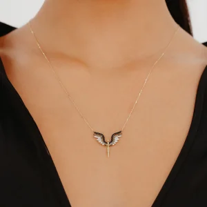 Siyah Taş Detay Anka Kuş Altın Kolye AAKLY098