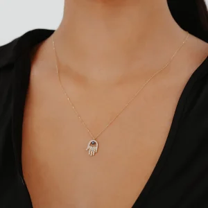 Taşlı Nazar Boncuklu Fatma Ana Eli Altın Kolye AAKLY030