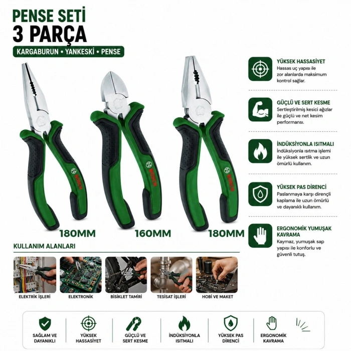 Hubrendy Tedarik 3 Parça Pense Seti - 7 inç Pense, 6 inç Yan Keski, 7 inç Kargaburnu (60± Kesme Sertliği)