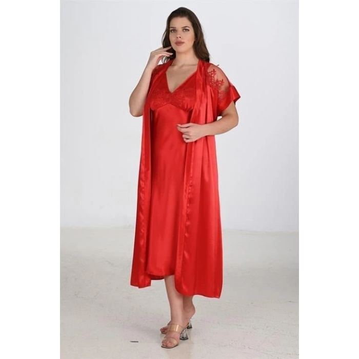 Hubrendy Beru 2li Kırmızı Sabahlık Takımı Bigsize 6226