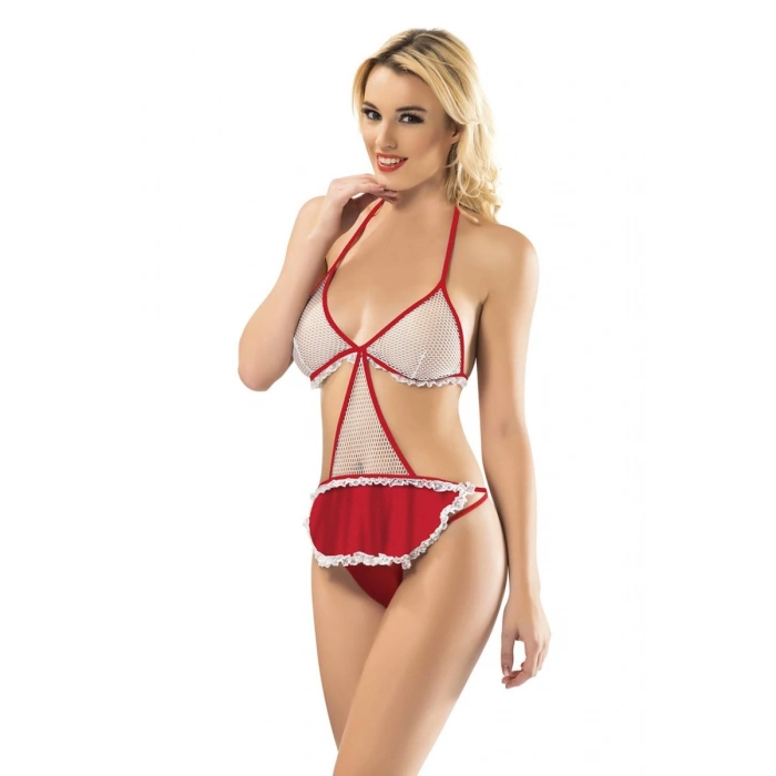Hubrendy Beru Beyaz Kırmızı Fileli Bodysuit - 4027