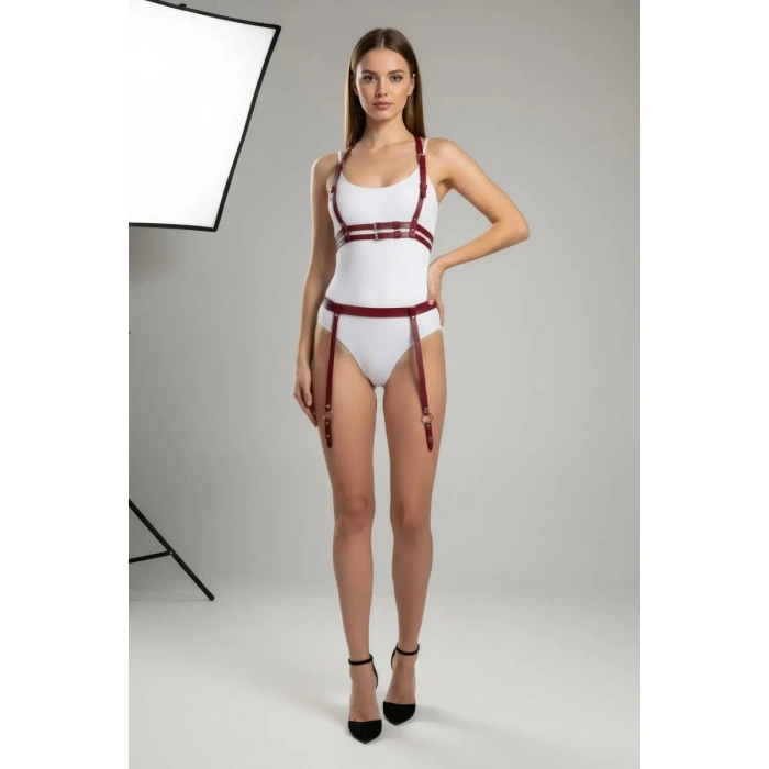 Hubrendy Beru Bordo Harness Takım Deri Vücut Aksesuarı - Brf232