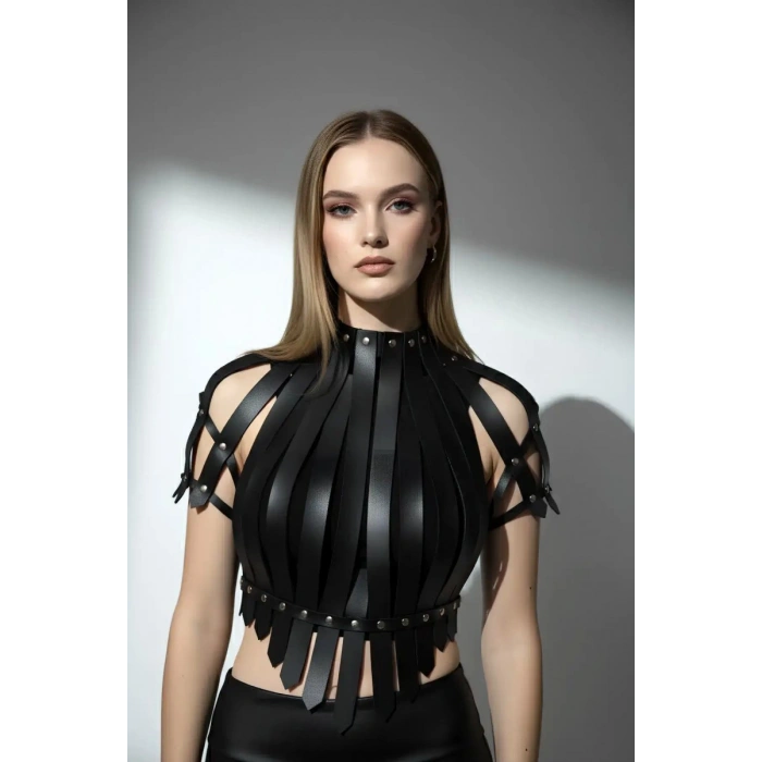 Hubrendy Beru Crop Büstiyer Harness, Deri Göğüs Harness, Gömlek Üzeri Harness - Brf1257