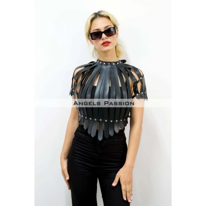 Hubrendy Beru Crop Büstiyer Harness, Deri Göğüs Harness, Gömlek Üzeri Harness - Brf1257