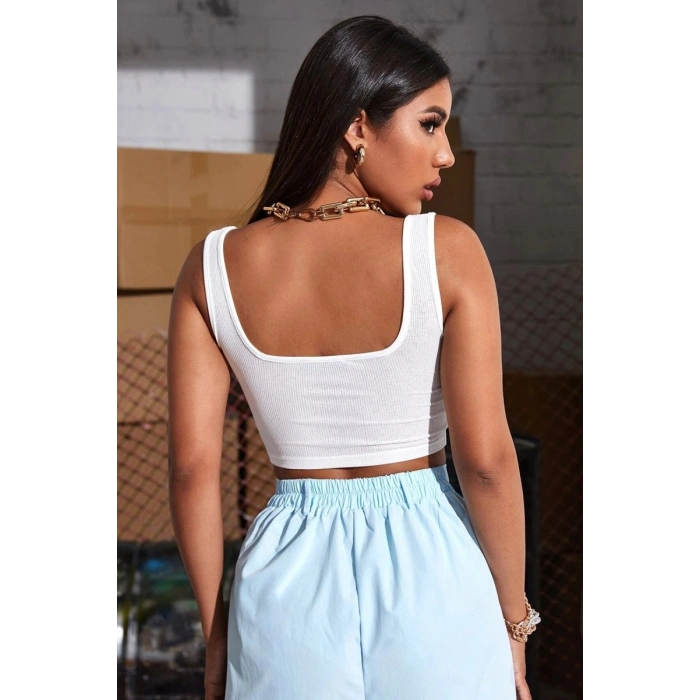Hubrendy Beru Kadın Beyaz Kalın Askılı Crop Top Büstiyer