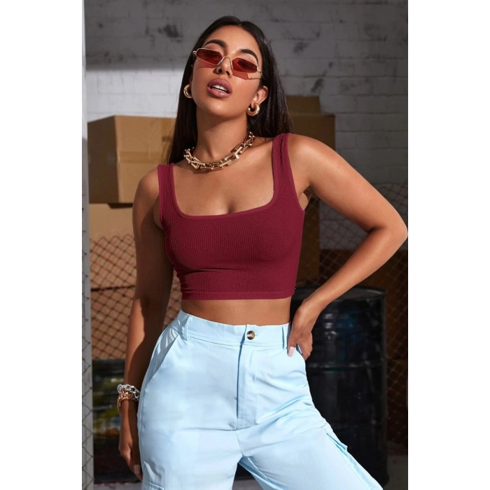 Hubrendy Beru Kadın Bordo Kalın Askılı Crop Top Büstiyer