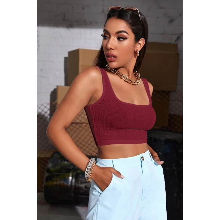 Hubrendy Beru Kadın Bordo Kalın Askılı Crop Top Büstiyer