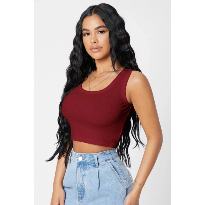 Hubrendy Beru Kadın Bordo Kare Yaka Crop Top Bluz