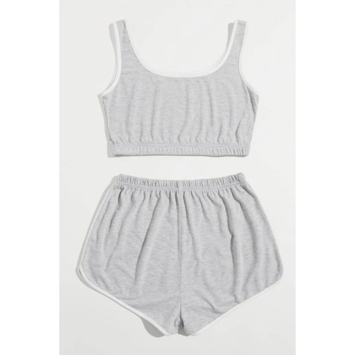 Hubrendy Beru Kadın Gri Askılı Crop Top Ve Şortlu Gecelik Takım