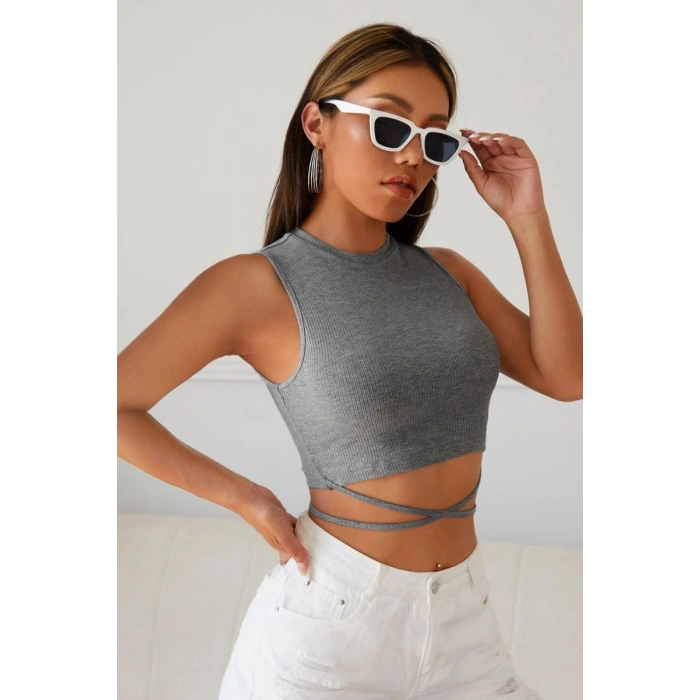 Hubrendy Beru Kadın Gri Çapraz Bağlamalı Crop Top Büstiyer