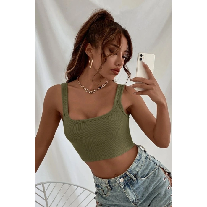 Hubrendy Beru Kadın Haki Yeşili Kalın Askılı Crop Top Büstiyer