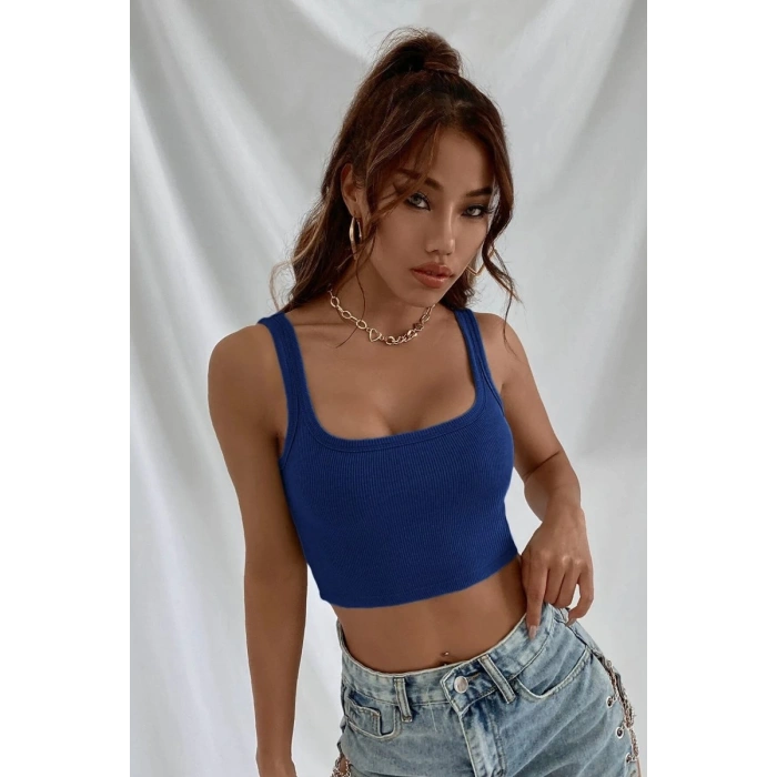 Hubrendy Beru Kadın Lacivert Kalın Askılı Crop Top Büstiyer