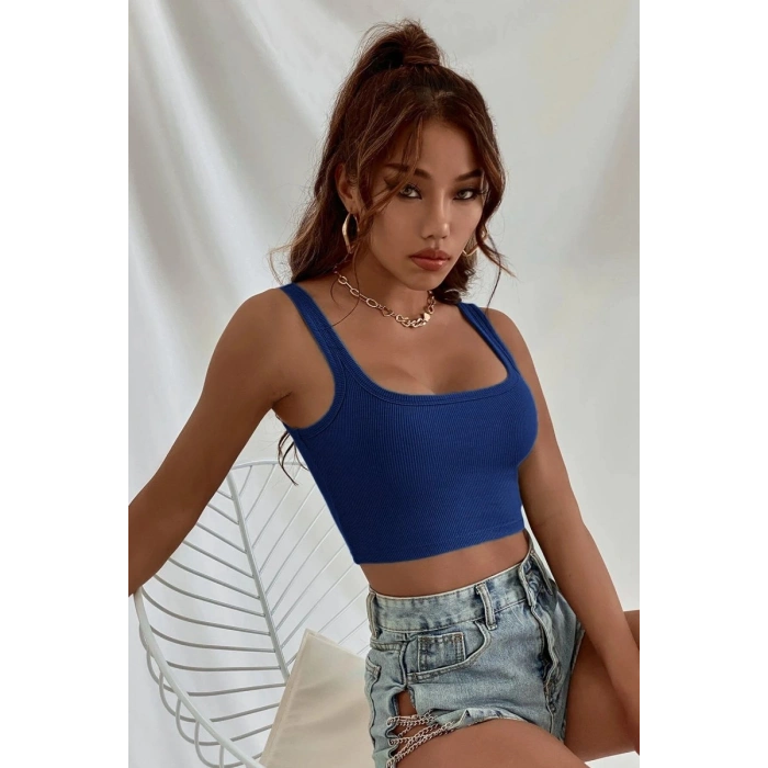 Hubrendy Beru Kadın Lacivert Kalın Askılı Crop Top Büstiyer