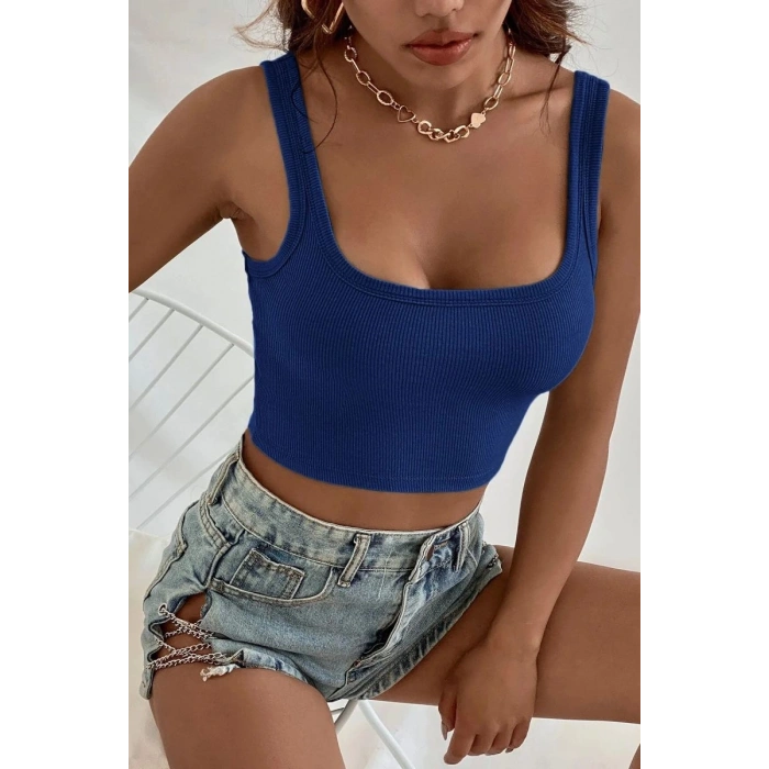 Hubrendy Beru Kadın Lacivert Kalın Askılı Crop Top Büstiyer Esnek Kumaş Şık Basic Kadın Üst Giyim