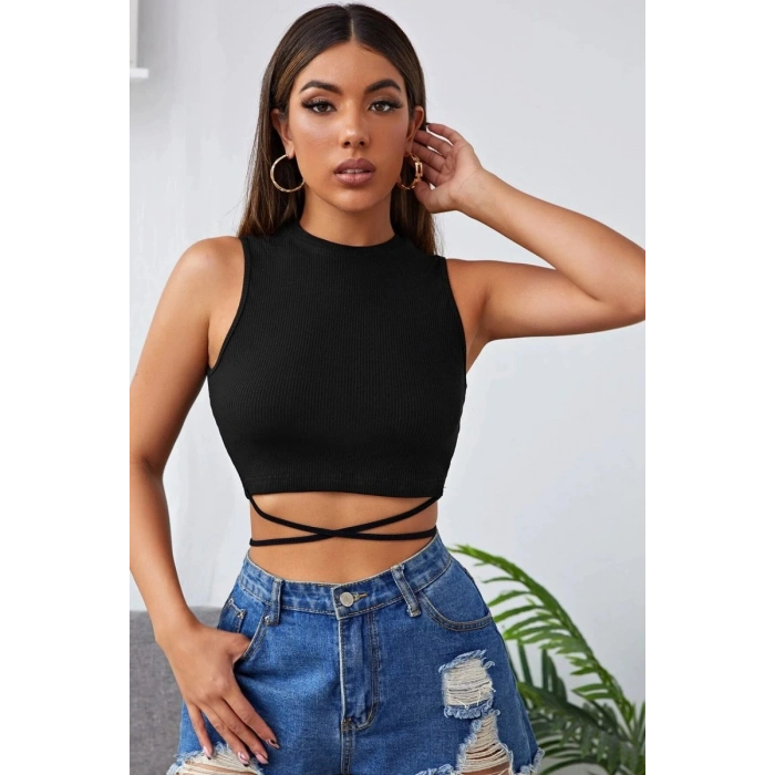 Hubrendy Beru Kadın Siyah Çapraz Bağlamalı Crop Top Büstiyer