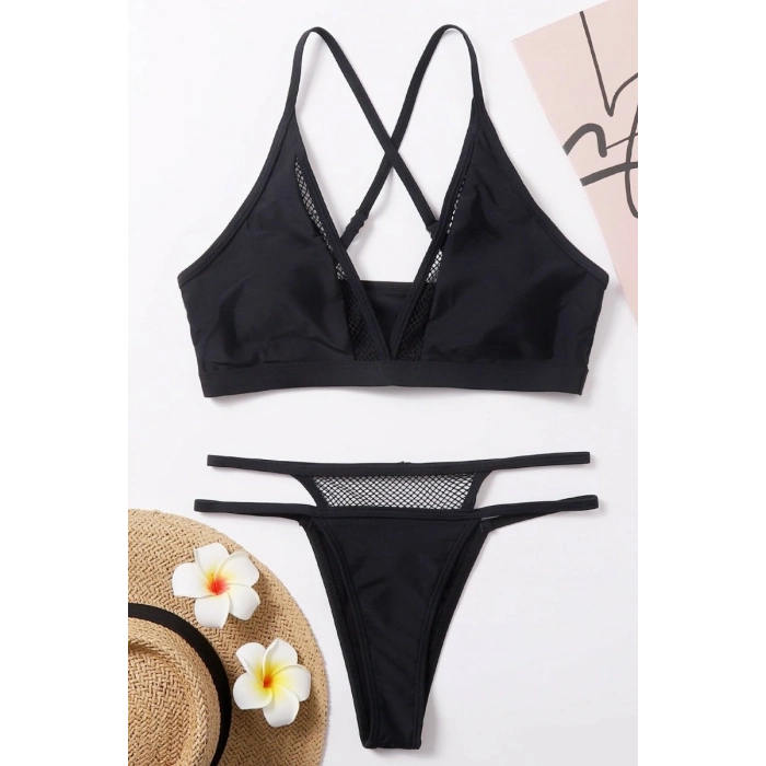 Hubrendy Beru Kadın Siyah File Detaylı Özel Bikini Takımı