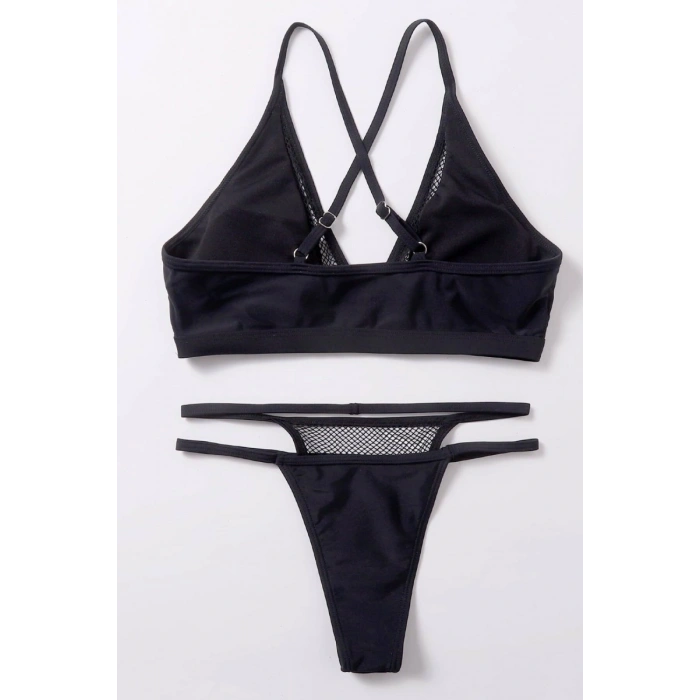 Hubrendy Beru Kadın Siyah File Detaylı Özel Bikini Takımı