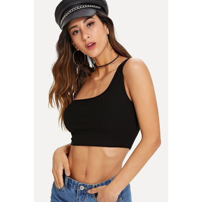 Hubrendy Beru Kadın Siyah Fit Görünümlü Tek Omuz Crop Top Büstiyer