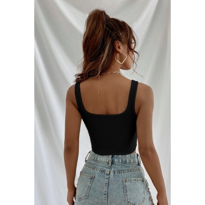 Hubrendy Beru Kadın Siyah Kalın Askılı Crop Top Büstiyer