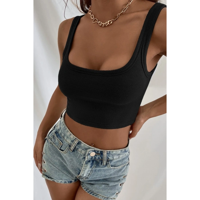 Hubrendy Beru Kadın Siyah Kalın Askılı Crop Top Büstiyer