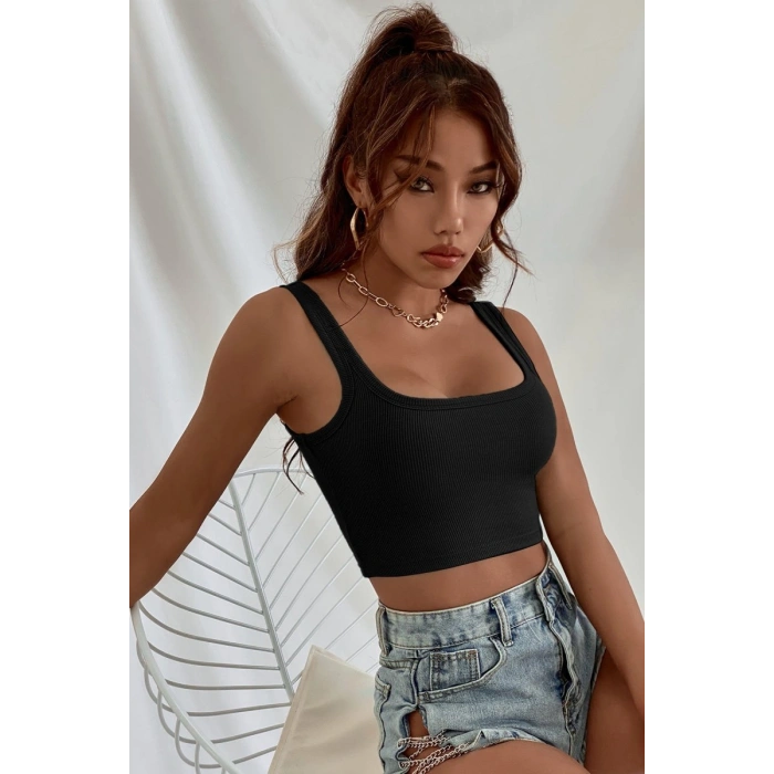 Hubrendy Beru Kadın Siyah Kalın Askılı Crop Top Büstiyer