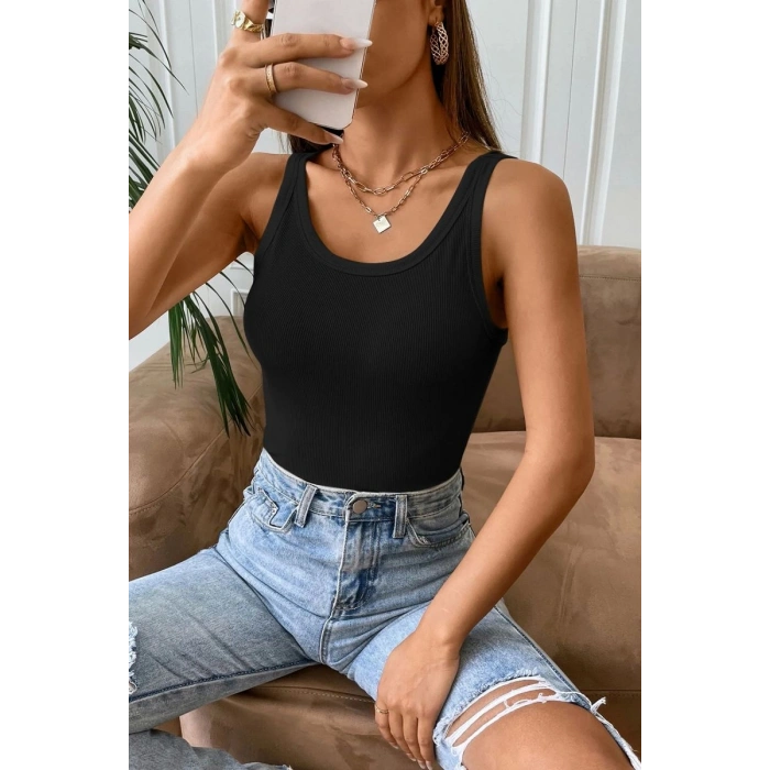 Hubrendy Beru Kadın Siyah Kolsuz Kalın Askılı Uzun Crop Top Bluz & Atlet Modern Basic Üst