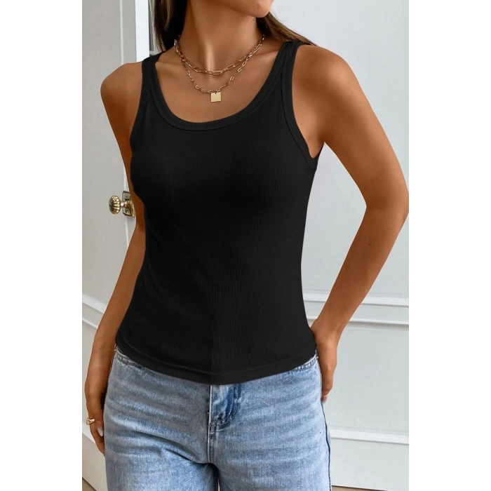 Hubrendy Beru Kadın Siyah Kolsuz Kalın Askılı Uzun Crop Top Bluz & Atlet Modern Basic Üst