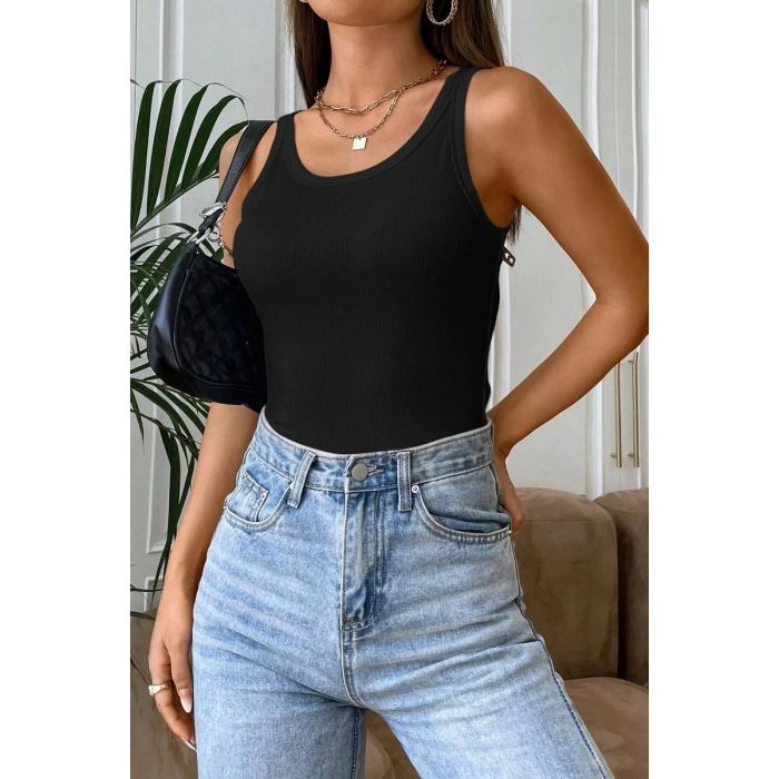 Hubrendy Beru Kadın Siyah Kolsuz Kalın Askılı Uzun Crop Top Bluz & Atlet Modern Basic Üst