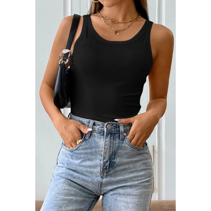 Hubrendy Beru Kadın Siyah Kolsuz Kalın Askılı Uzun Crop Top Bluz & Atlet Modern Basic Üst