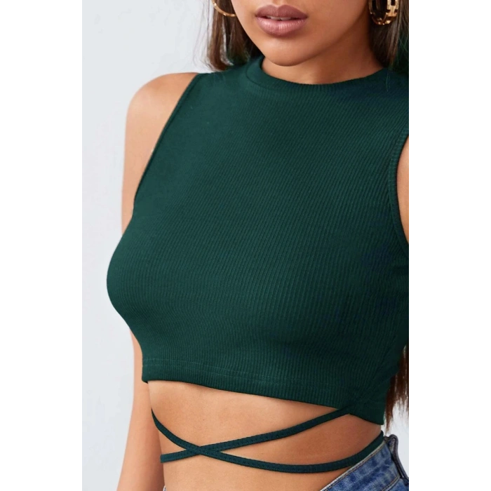 Hubrendy Beru Kadın Yeşil Çapraz Bağlamalı Crop Top Büstiyer