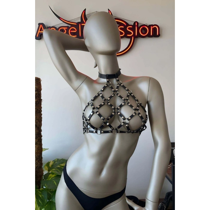 Hubrendy Beru Kare Detaylı Göğüs Üzeri Siyah Deri Harness