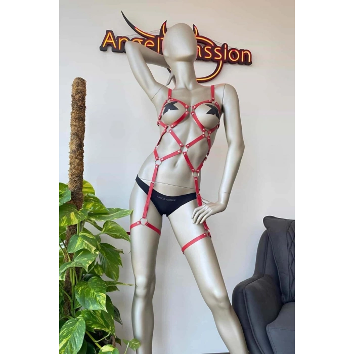 Hubrendy Beru Kırmızı Deri Vücut Harness