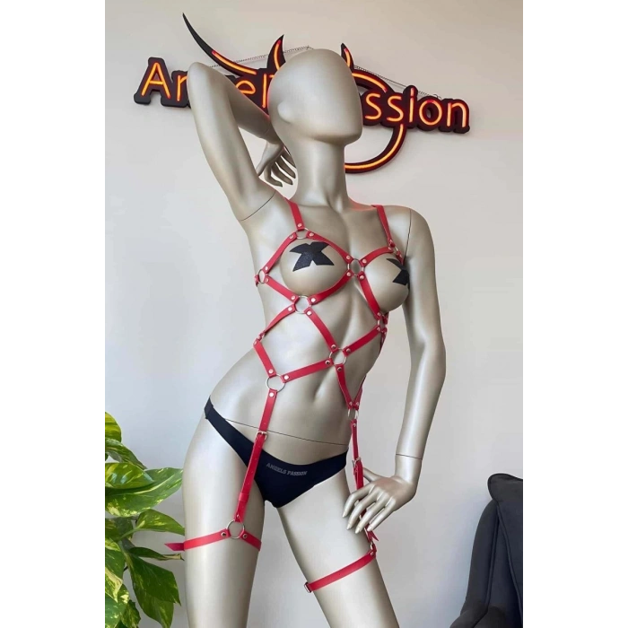 Hubrendy Beru Kırmızı Deri Vücut Harness