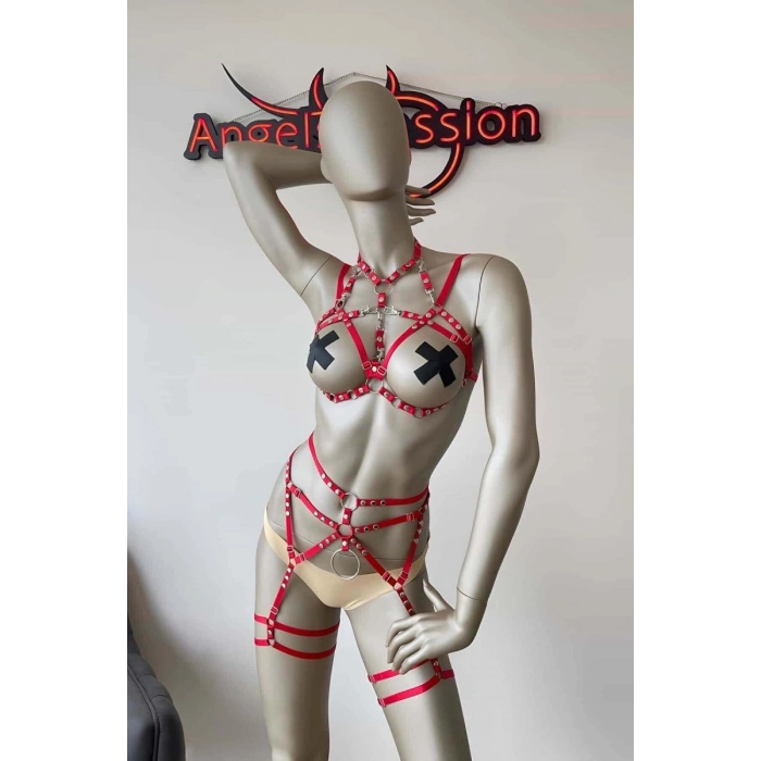 Hubrendy Beru Kırmızı Seksi Elastik Jartiyer Harness Takım