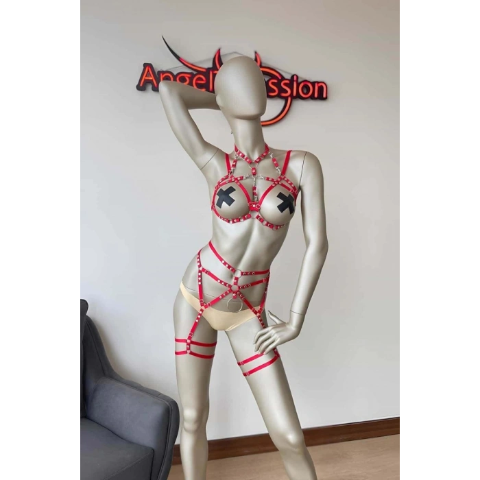 Hubrendy Beru Kırmızı Seksi Elastik Jartiyer Harness Takım