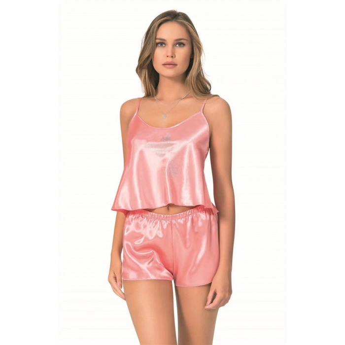 Hubrendy Beru Mercan Saten Babydoll Şort Takımı